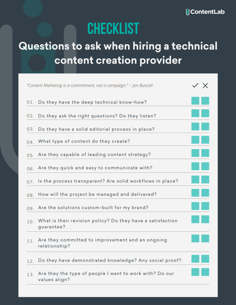 Checklist for hiring a technical content creation service