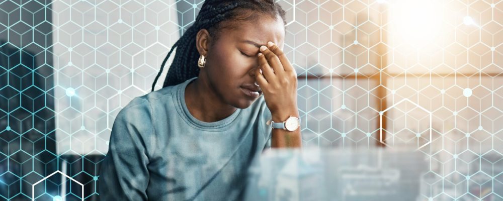 Business woman, headache and stress on computer for network mistake, coding and grid or data overlay. Sad employee or programmer with depression, fatigue or frustrated for integration software fail